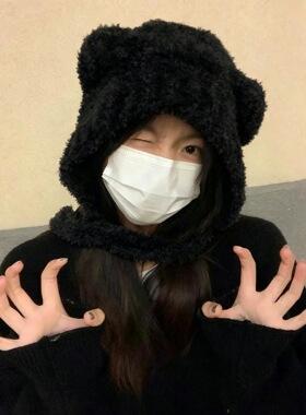 韩系可爱小熊耳朵毛绒针织帽女秋冬保暖大头围显脸小包头帽护耳