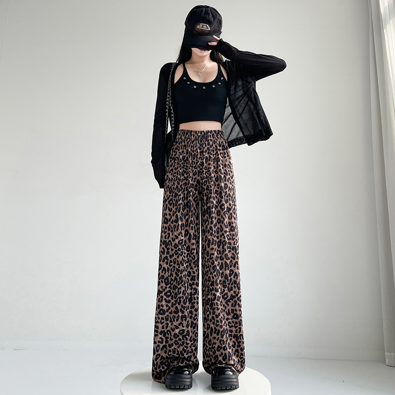 豹纹阔腿裤垂感裤子女新款春秋