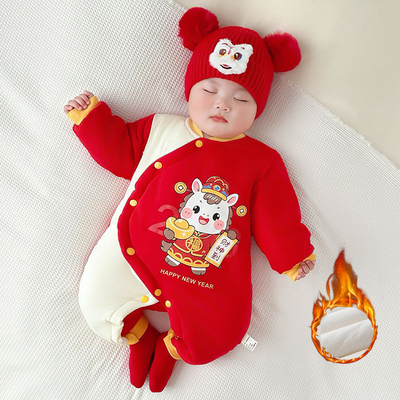 婴儿秋冬夹棉加绒加厚连体衣睡衣