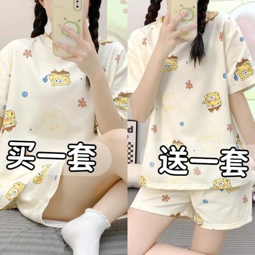 学生宿舍睡衣女夏季短袖短裤纯棉可爱卡通宽松大码薄款家居服套装