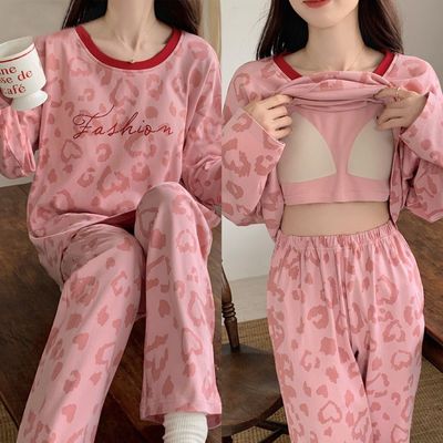 春秋季长袖睡衣带胸垫大码两件套