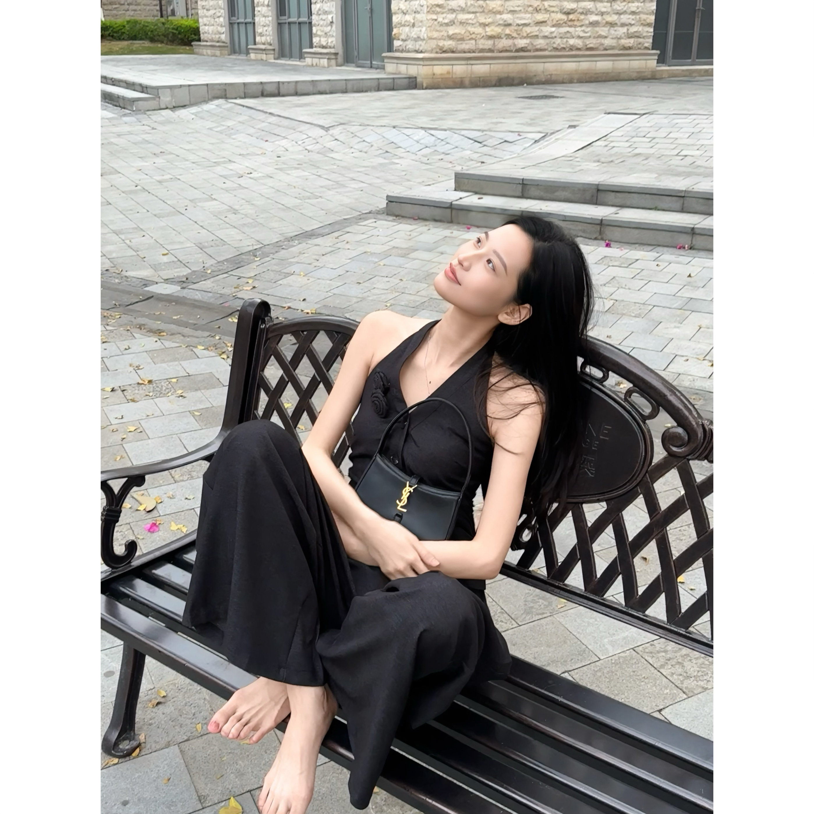 HOUHOU玫瑰挂脖时尚套装女2025夏季新款黑色无袖上衣+阔腿裤长裤