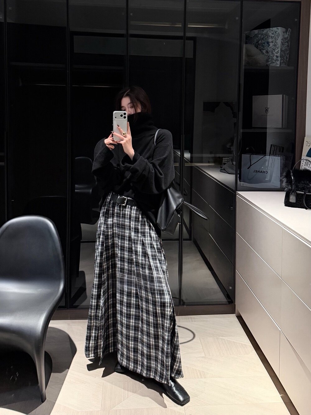 HOUHOU气质格子纹半身裙女半身裙