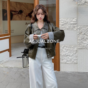 秋款橄榄绿皮衣外套女 翻领撞色袖口宽松短款夹克时尚百搭潮减龄