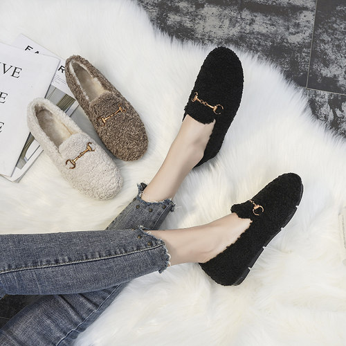 豆豆鞋女冬加绒平底一脚蹬毛毛鞋