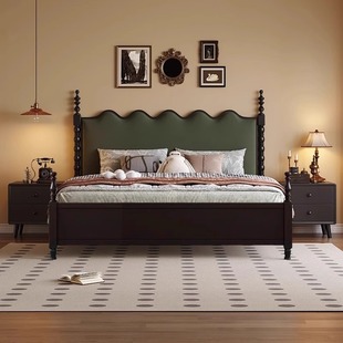 輕奢主臥1米5綠色軟包單人床 巧匠世家實(shí)木床1米8黑色雙人床美式