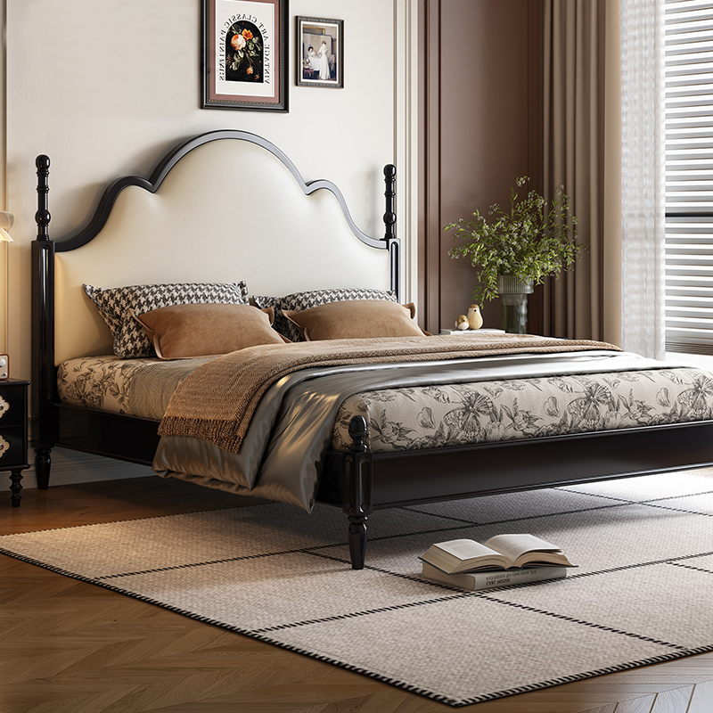 法式实木床1米5中古真皮美式复古