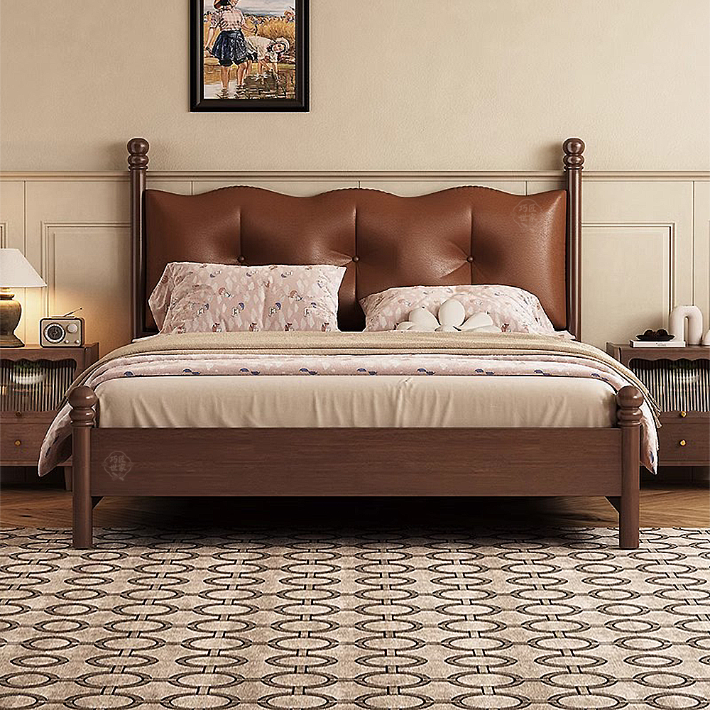 美式中古风实木床软包1.5米1.8米双人床复古床黑色主卧婚床小户型,住宅家具,实木床,淘宝优惠券,粉丝福利购,淘宝优惠卷