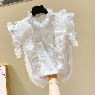 木耳边立领套头衬衣女飞飞袖短袖雪纺上衣春夏新款钉珠镶钻衬衫潮