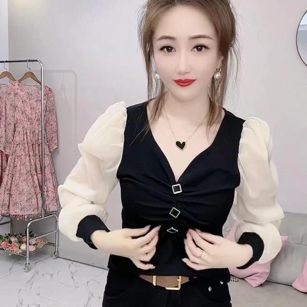 韩版爆款衬衫女年早秋新款时尚洋气修身显瘦百搭褶皱打底衫潮泡袖