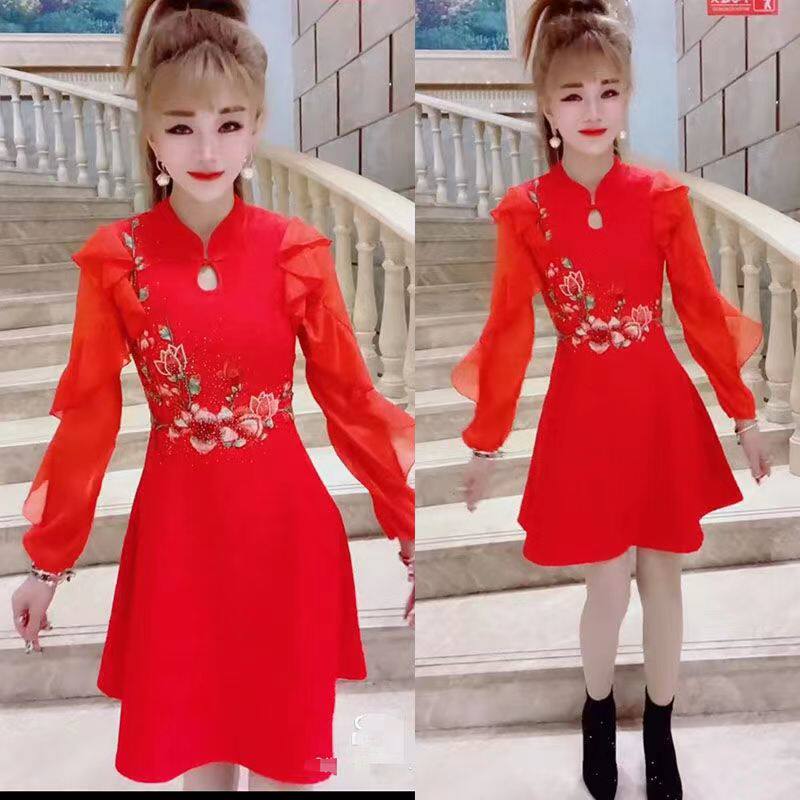 2023春秋女士女装连衣裙长袖蕾丝刺绣盘口立领中国年性感中长款裙