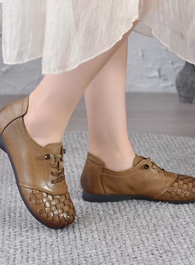 冰洁女鞋2025秋季新款单鞋真皮平跟圆头软底皮鞋妈妈休闲鞋56508