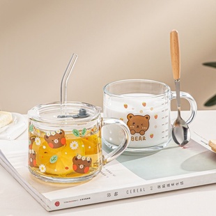 玻璃杯ins风卡通印花水杯吸管杯加盖勺把手防烫耐热宿舍办公家用