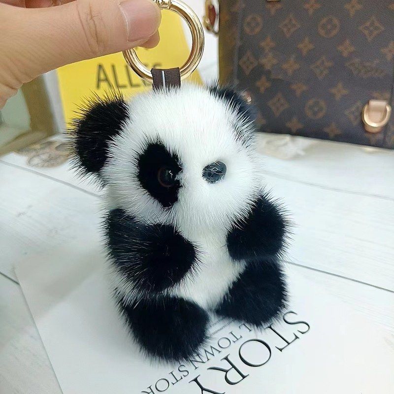 高颜值小熊猫真水貂毛汽车钥匙扣挂件毛绒公仔包包毛球挂饰玩偶