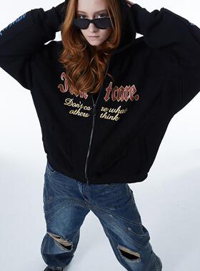 ERRORCODErobot不屑态度标语黑色拉链开衫卫衣外套重磅全棉