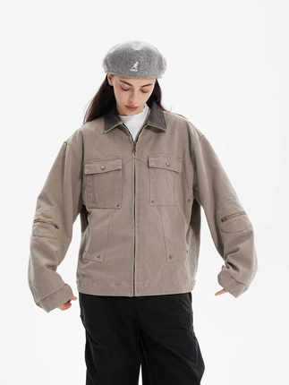 ERRORCODErobot马甲外形卡其帆布工装夹克外套水洗喷色宽松高级感