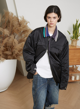 ERRORCODErobot混搭拼接螺纹领口光泽感宽松黑色棉服保暖日系