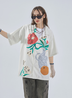 EROCD 2022新款花艺淡黄印花衬衣短袖情侣文艺夏季宽松休闲衬衫男