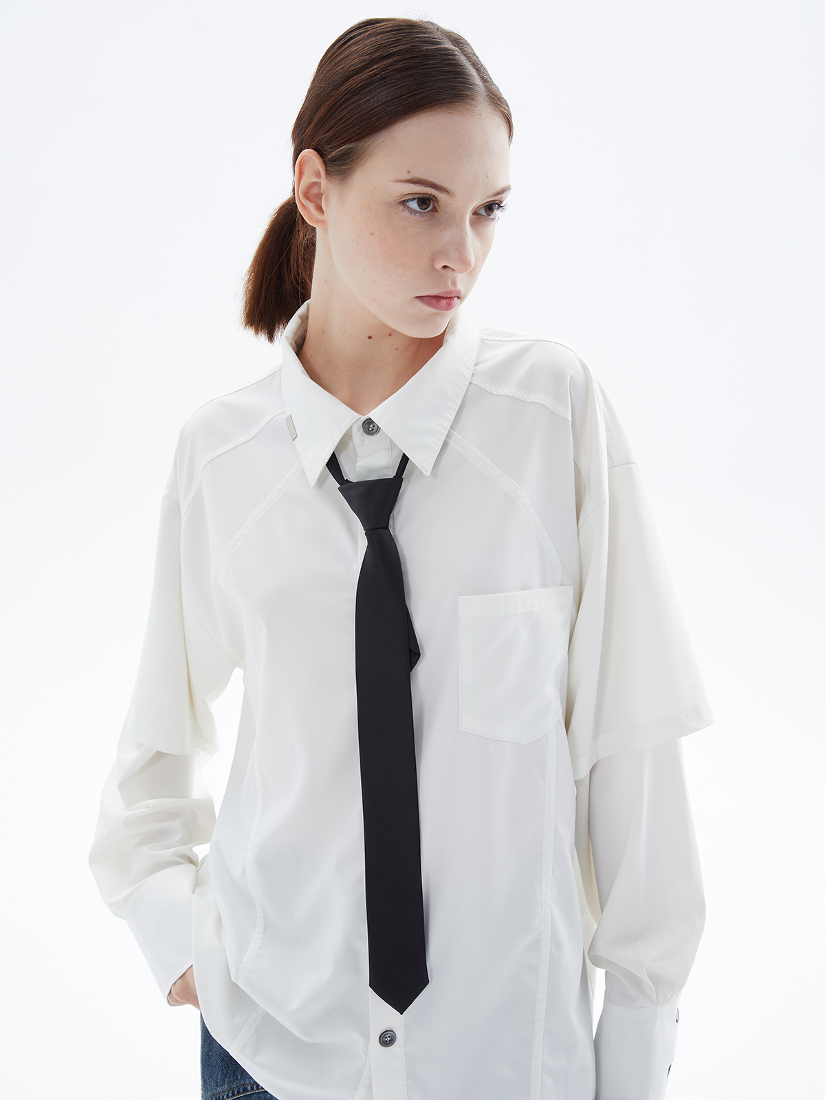 宽松拼接极简长袖假两件衬衫