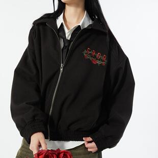 ERRORCODErobot黑色沉沦红玫刺绣短款毛纺宽松夹克宫廷风百搭