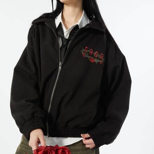 翻领春秋短宽玫瑰刺绣夹克外套