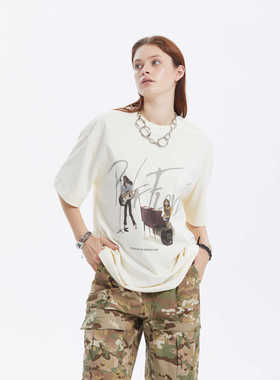 ERRORCODErobot卡通乐队印花米白短袖宽松落肩T恤高克重男女夏季