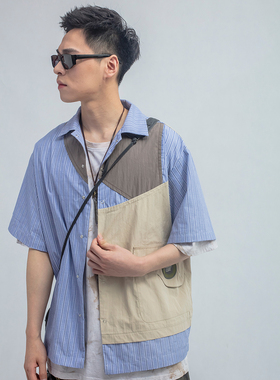 【清仓款】ERRORCODE条纹短袖衬衣宽松国潮日式中性拼接马甲衬衫