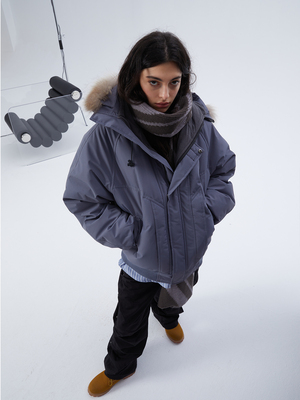 防水中长款带帽毛领羽绒服