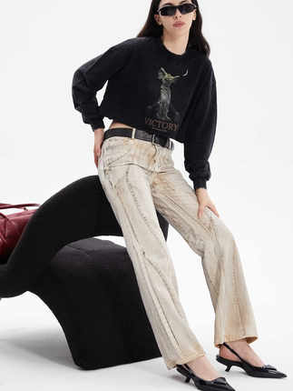 ERRORCODErobot废土做旧刷脏流线结构微喇裤女士牛仔裤美式复古