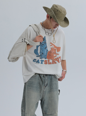 ERROR CODE 2022新款水墨猫印花短袖男夏季宽松落肩情侣白色T恤潮