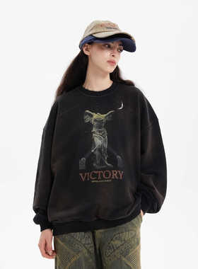 ERRORCODErobot胜利女神雕像印花黑色长袖套头卫衣做旧男女款