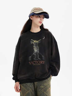 ERRORCODErobot胜利女神雕像印花黑色长袖套头卫衣做旧男女款