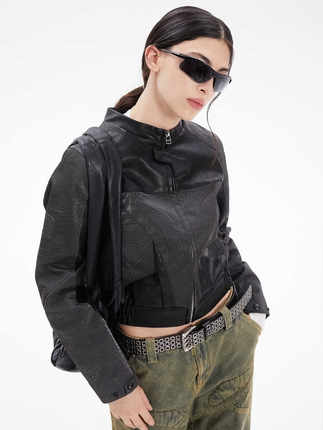 ERRORCODErobot鳄鱼皮纹黑灰色赛车拼接修身女士皮衣夹克短款春秋