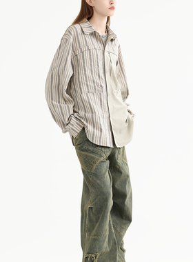 ERRORCODErobot浅色条纹日系风格双料拼接长袖衬衫翻领宽松复古