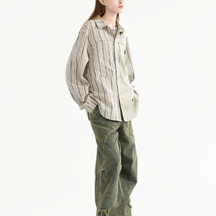 ERRORCODErobot浅色条纹日系风格双料拼接长袖衬衫翻领宽松复古