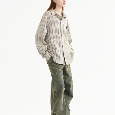 宽松日系长袖条纹双料衬衫