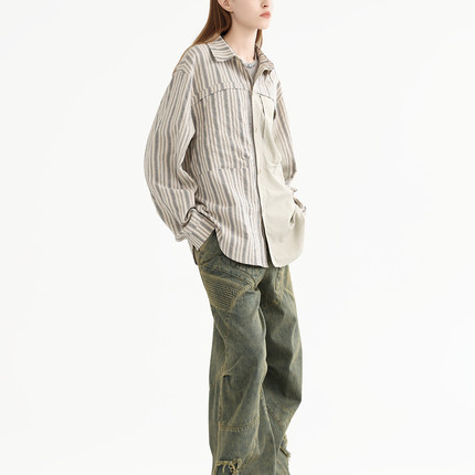 ERRORCODErobot浅色条纹日系风格双料拼接长袖衬衫翻领宽松复古