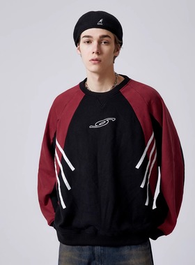 EROCD 23SS秋季新款套头刺绣红拼接廓形宽松卫衣落肩袖潮牌上衣