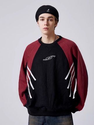 EROCD 23SS秋季新款套头刺绣红拼接廓形宽松卫衣落肩袖潮牌上衣