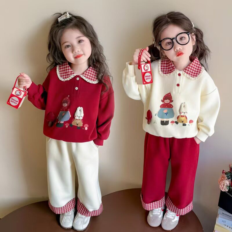 女童卫衣套装秋季2026新款小童秋季蘑菇小兔红色洋气格子拼接撞色