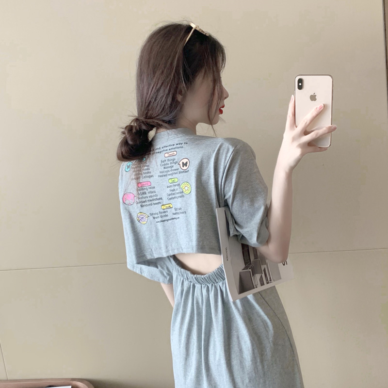 棉夏季设计感收腰显瘦露背开叉短袖过膝连衣裙女ins中长款T恤裙子