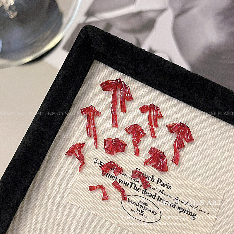 NEKO NK「酒红蝴蝶结」新年透色绸缎飘带 软雕长丝带领结美甲饰品