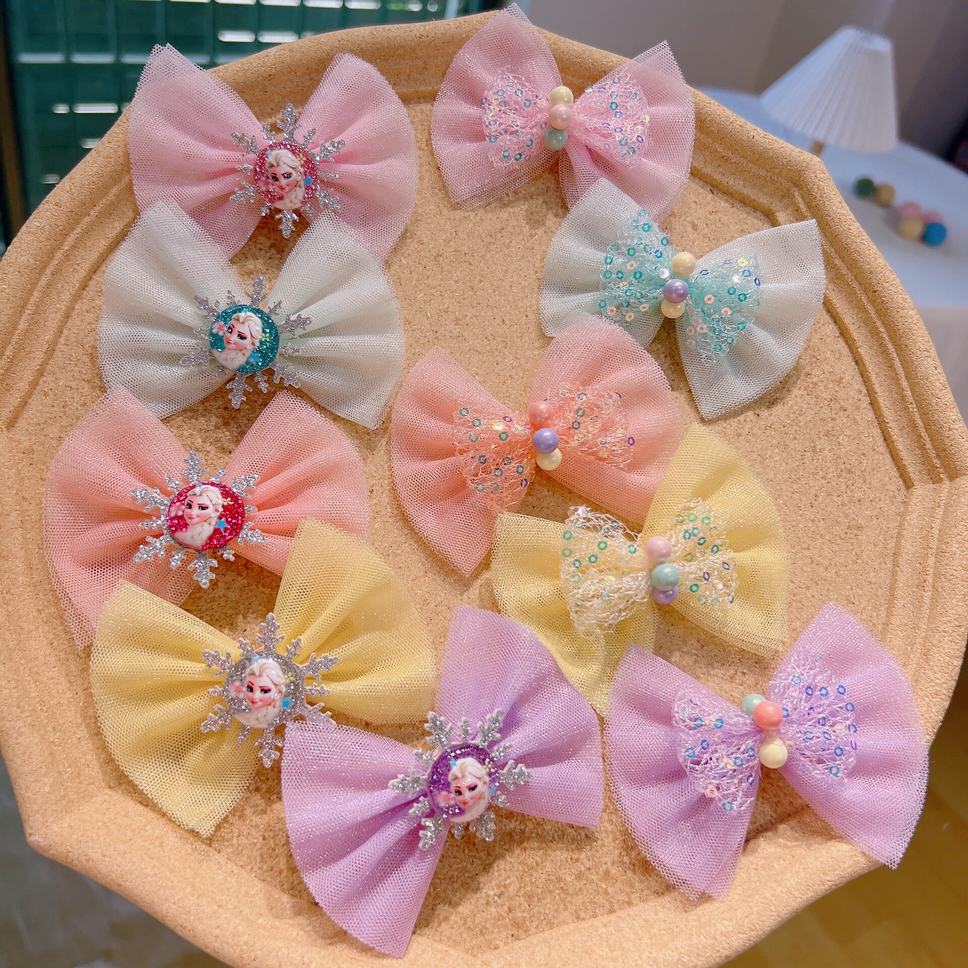 女童发饰卡通冰雪奇缘蝴蝶结纱发夹超仙公主顶夹彩色可爱发卡边夹