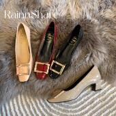 富贵雨 女夏粗跟平底通勤单鞋 经典 漆面方扣小方头浅口高跟鞋