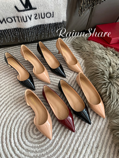 富贵雨 【精修楦头】经典尖头裸色纯色漆皮高跟单鞋