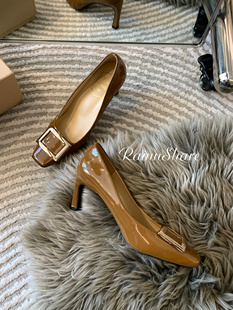气质名媛法式 女细跟浅口单鞋 小众设计感 漆皮方扣高跟鞋 富贵雨新款