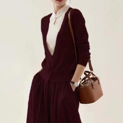 2024秋装安可拉红新中式假两件羊毛针织衫女松紧腰半身裙套装