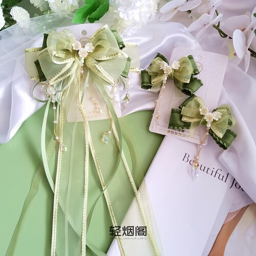 轻烟阁 A108铃兰-春苔绿 春季古风日常飘带森系蝴蝶结后压对夹
