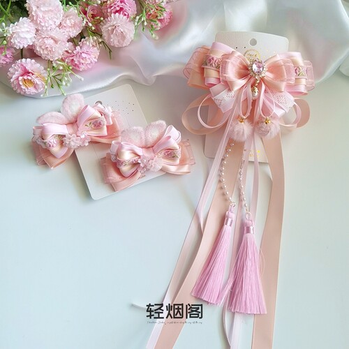 轻烟阁 A78绒兔团浅粉桔兔耳朵古风儿童汉服国风发饰后压立体对夹