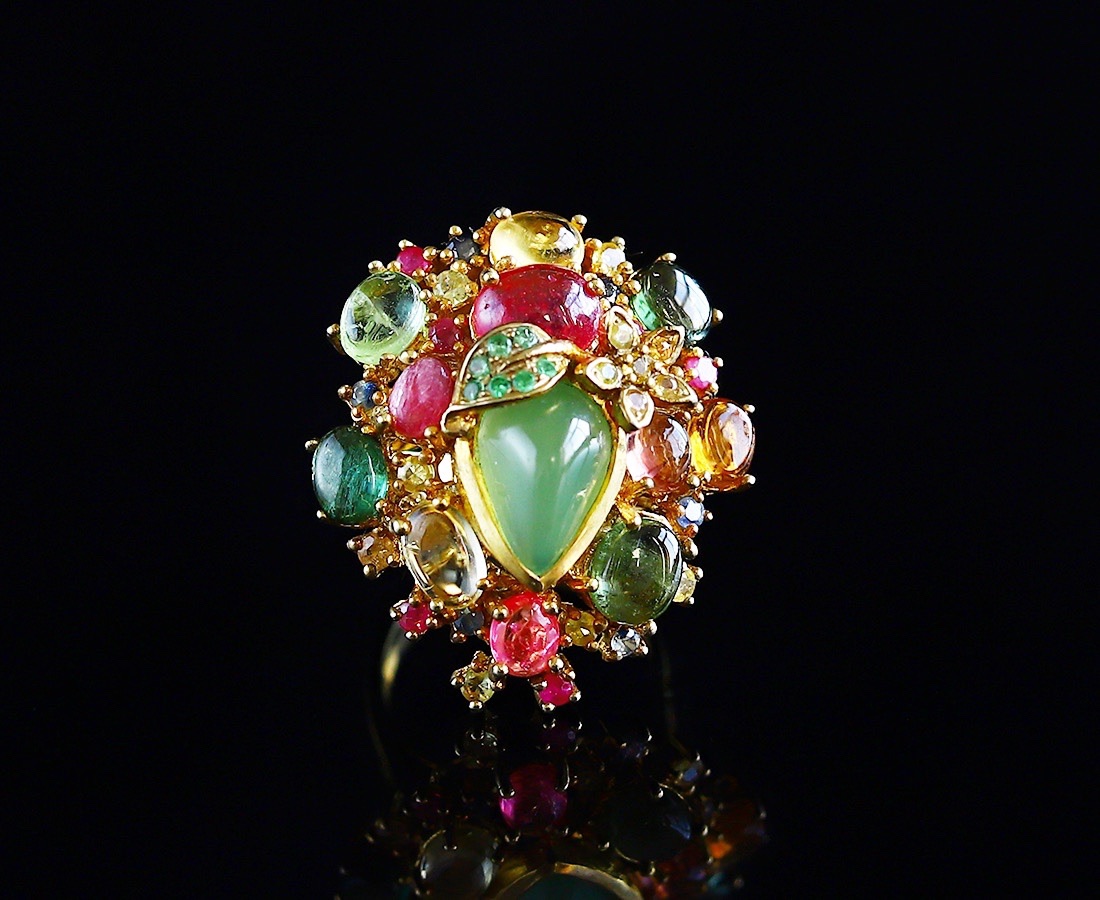 泰国彩宝 天然葡萄石彩虹碧玺多宝设计款戒指  925纯银镶嵌